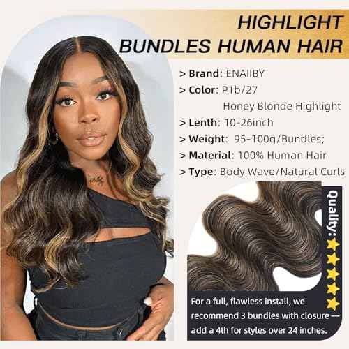 Highlight Honey Blonde Bundles Human Hair 24 Inch Body Wave Black and Blonde Balayage 1b/27 bundles 12A Brazilian Virgin Remy Hair Loose Wave Wavy Sew In Weave Ombre Single Bundle Piano Color P1b27