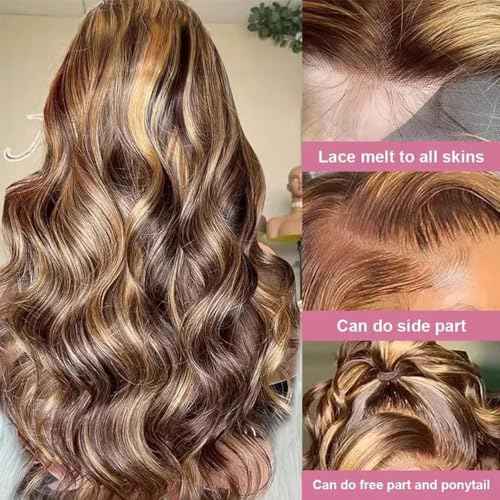 QNQZ Honey Blonde 13x6 Lace Front Wig Human Hair 30 Inch Loose Body Wave Highlight Ombre Glueless HD Lace Frontal Wigs for Women 4/27 Brown Ombre Human Hair Wig Pre Plucked 220 Density