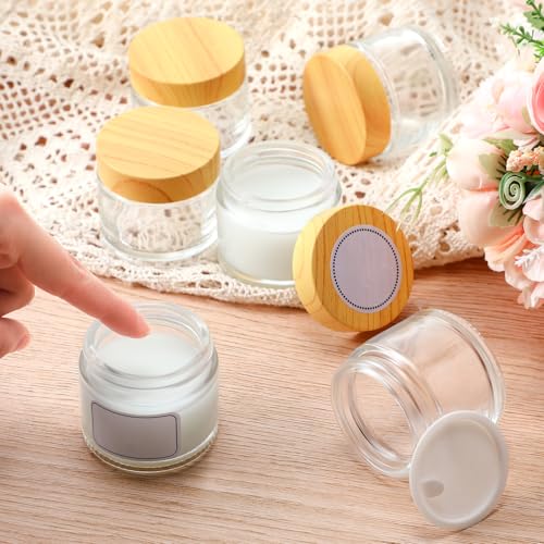 Layhit 36 Pcs 2oz Glass Jars with Lids Clear Small Jars with Plastic Woodgrain Lids, White Labels and Inner Liners Empty Round Cosmetic Containers for Creams Lotions Candle Making (2oz/ 60ml)