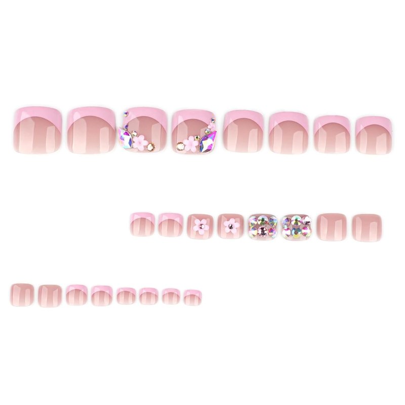 Press-On Toenails - Pink French Tip Floral Design with Rhinestones | Short Square Full Cover for Women