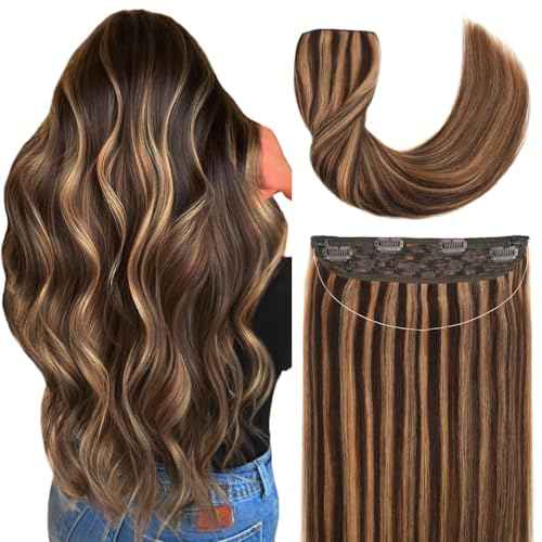 Invisible Wire Hair Extensions Real Human Hair - 22 Inch 95G P4/27 Chocolate Brown Highlighted Honey Blonde Transparent Fish Line Clip-Ins Hair Piece, 100% Remy Human Hair Extensions for Women