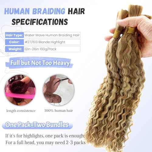 P27/613 Blonde Human Braiding Hair Deep Water Wave Bulk 26 Inch Long Curly Bundles Human Hair Color 27 and 613 Blonde Boho Human Hair for Braiding Highlights Blonde Boho Braids Bundles No Weft