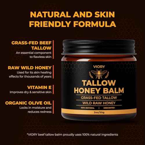 VIORY Tallow and Honey Balm for Face, Beef Tallow for Skin, Moisturizer with 100% Organic Grass-Fed Beef Tallow & Raw Wild Honey - Natural Formula for Dry & Sensitive Skin (Unscented)