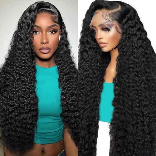 24 Inch Deep Wave Lace Front Wigs Human Hair 13x6 HD Real Human Hair Wig 12A Natural Black Glueless Curly Wig Human Hair Pre Plucked for Women Invisilbe Hairline Tiny Knots 200 Density Longer Life