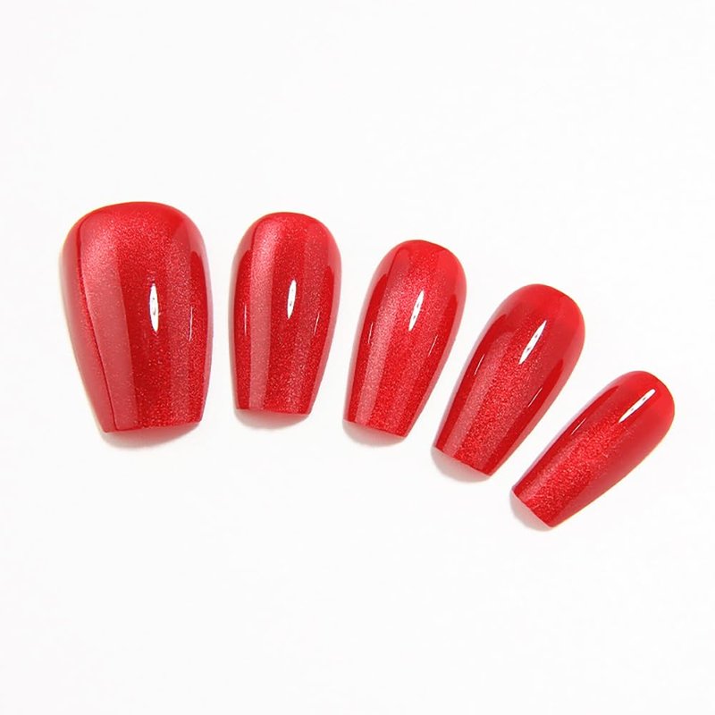 Red Medium Coffin Press On Nails, Cat Eye Press on Nails, Fashion Gel Fake Nails, Reusable Red Fake Nails, Glossy Stick on Nails for Women Girls, Glue on Nails Kit 32Pcs, Ballet Heatwave