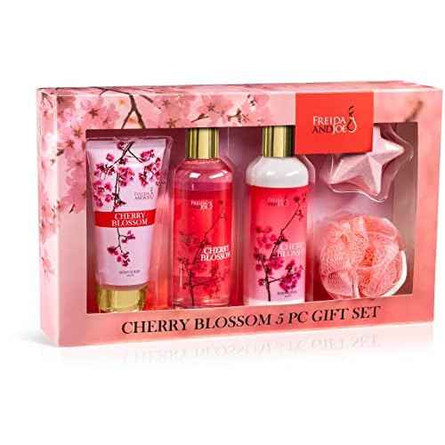 Bath and Body Gift Basket For Women ? 5 Piece Set of Cherry Blossom Bath & Body Collection Gift Box, Includes Shower Gel, Body Lotion, Body Scrub, Bath Bomb & Sponge - Appreciation Gift Ideas