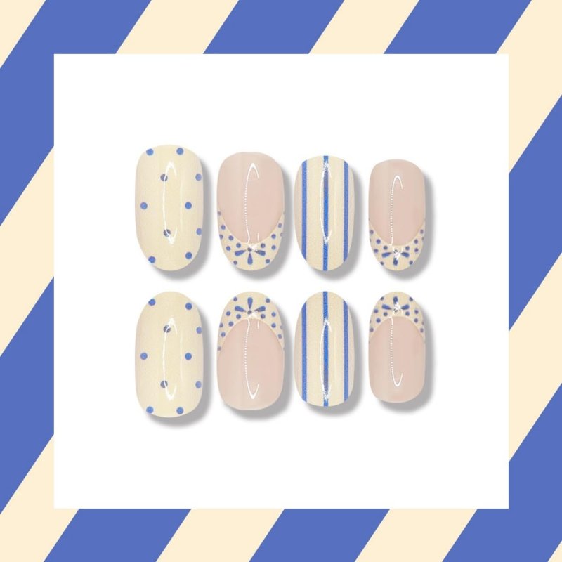 Blue White Press on Nails Stripe Fake Nails French Tip Glue on Nails with Point Design Short Almond Stick on Nail Artificial Acrylic Glossy Full Cover False Nail for Women Girls Manicure 24Pcs