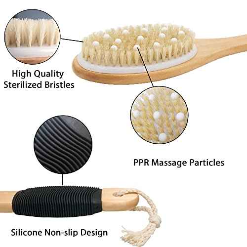 OWIIZI Bath Brush with Cellulite Massagers, Wooden Curved Long Handle Antiskid Dry Brushing Body Brush for Exfoliating, Natural Bristle Back Scrubber for Shower Use Wet or Dry for Men Women Elders