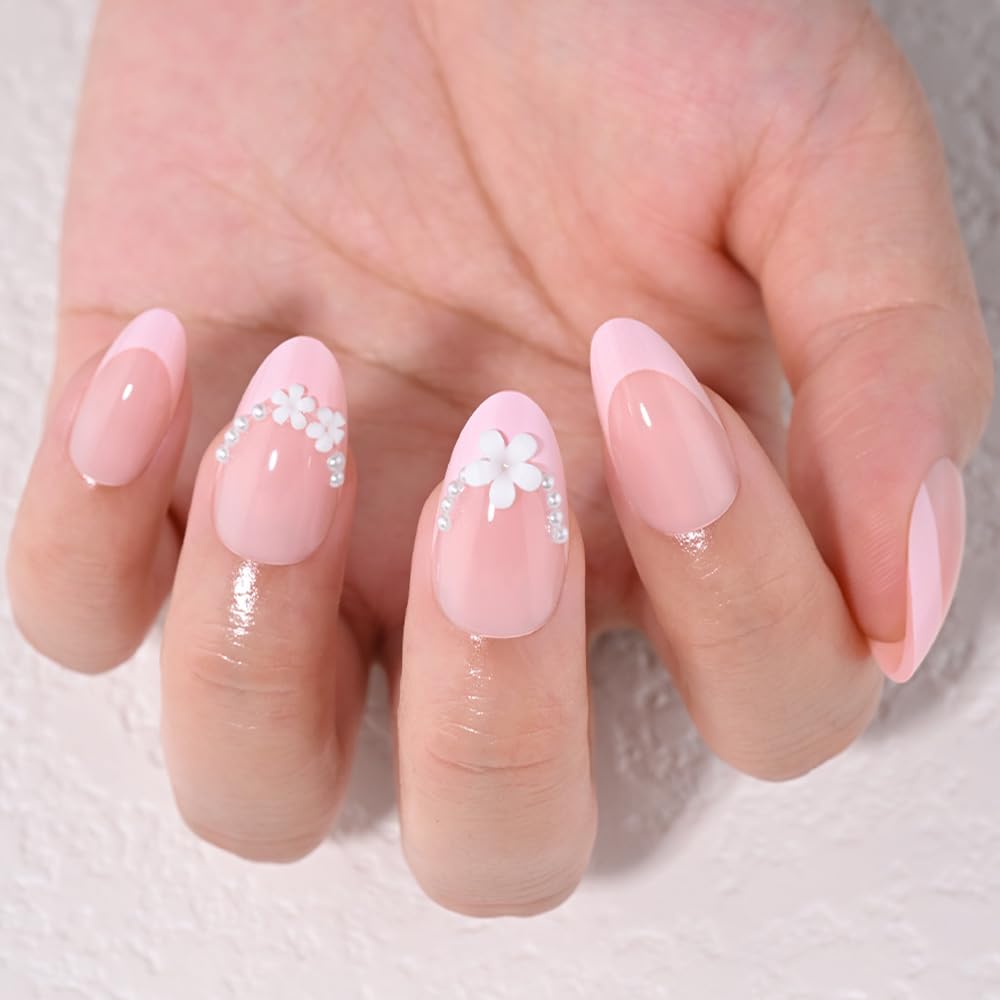 XZMeiLun Summer Pink French Tip Press On Nails, Short Almond Shape with 3D Pearl & White Flower Design, Reusable Salon-Quality Acrylic Fake Nails, Stick-On Nails for Women & Girls (No Glue Included)
