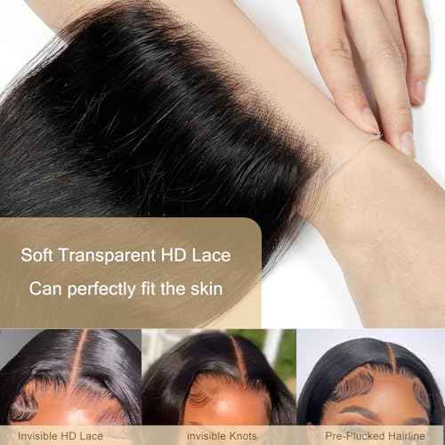4x4 Transparent HD Lace Closure Human Hair Closure Invisible Lace Human Hair Frontal Closure Human Hair Extensions Pre Plucked Natural Black (16Inch,Body Wave)
