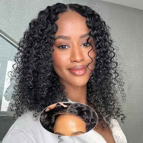 UCUVIC Glueless Wigs Human Hair Pre Plucked Pre Cut Wear And Go Curly 5x5 Water Wave Bob Wig Human Hair Lace Front Closure Wigs For Black Women 200 Density Curly Wig Glueless Wear And Go Black 14 Inch