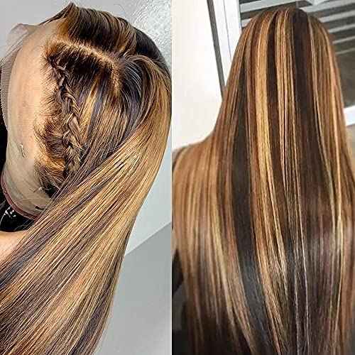 VIPbeauty Ombre Lace Front Wig Human Hair 4/27 Highlight 13x1x6 Deep Parting Transparent Lace Front T Part Wig Brown Blonde Colored Brazilian Virgin Human Hair Wig For Black Women 18 inch