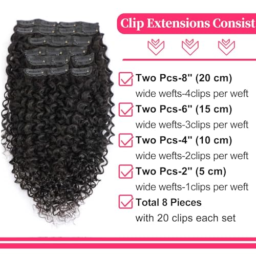 16 Inch Kinky Curly Clip ins Human Hair 110g 8pcs 20 Clips 3C 4A Curly Clip In Hair Extensions Real Human Hair Brazilian Virgin Hair Full Head for Women Natural Black