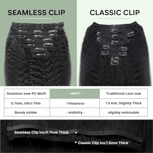 Seamless Clip in Hair Extensions Real Human Hair Kinky Straight Clip ins Brazilian Virgin Human Hair Extensions for Women 8Pcs PU Clip in Remy Hair Skin Weft 18Clips 120g (24inch,Natural Black)