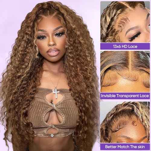 Highlight Ombre 13x6 Lace Front Wig Human Hair 210 Density 26 Inch Deep Wave Honey Blonde Glueless HD Transparent Lace Frontal Wigs for Women