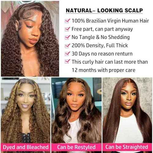 200 Density Chocolate Brown Lace Front Wig Human Hair 20 Inch 13x6 HD Deep Wave Lace Front Wigs Human Hair Colored Deep Curly Lace Frontal Wigs Glueless Wig for Woman Pre Plucked with Natural Hairline