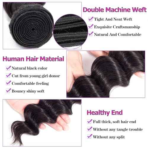 10A Loose Deep Wave Bundles with Closure Human Hair (12 14 16+12), 100% Unprocessed Raw Human Hair Weave with Closure, Brazilian Virgin Loose Curly Bundle Deals Natural Black Color