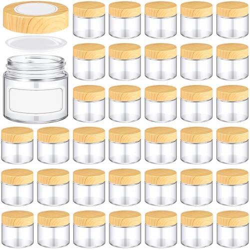 Layhit 36 Pcs 2oz Glass Jars with Lids Clear Small Jars with Plastic Woodgrain Lids, White Labels and Inner Liners Empty Round Cosmetic Containers for Creams Lotions Candle Making (2oz/ 60ml)
