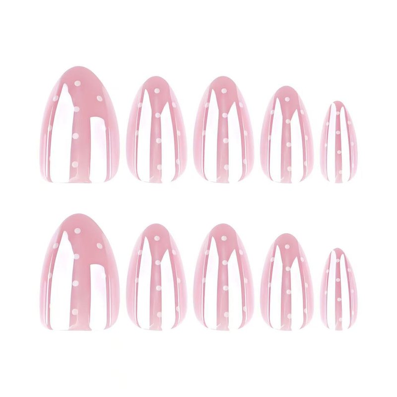 Nude Pink Electroplating Press on Nails Short Almond Fake Nails Aurora White Polka Dots False Nail Design Chrome Glossy Acrylic Nails for Women Girls DIY Manicure Decoration 24Pcs