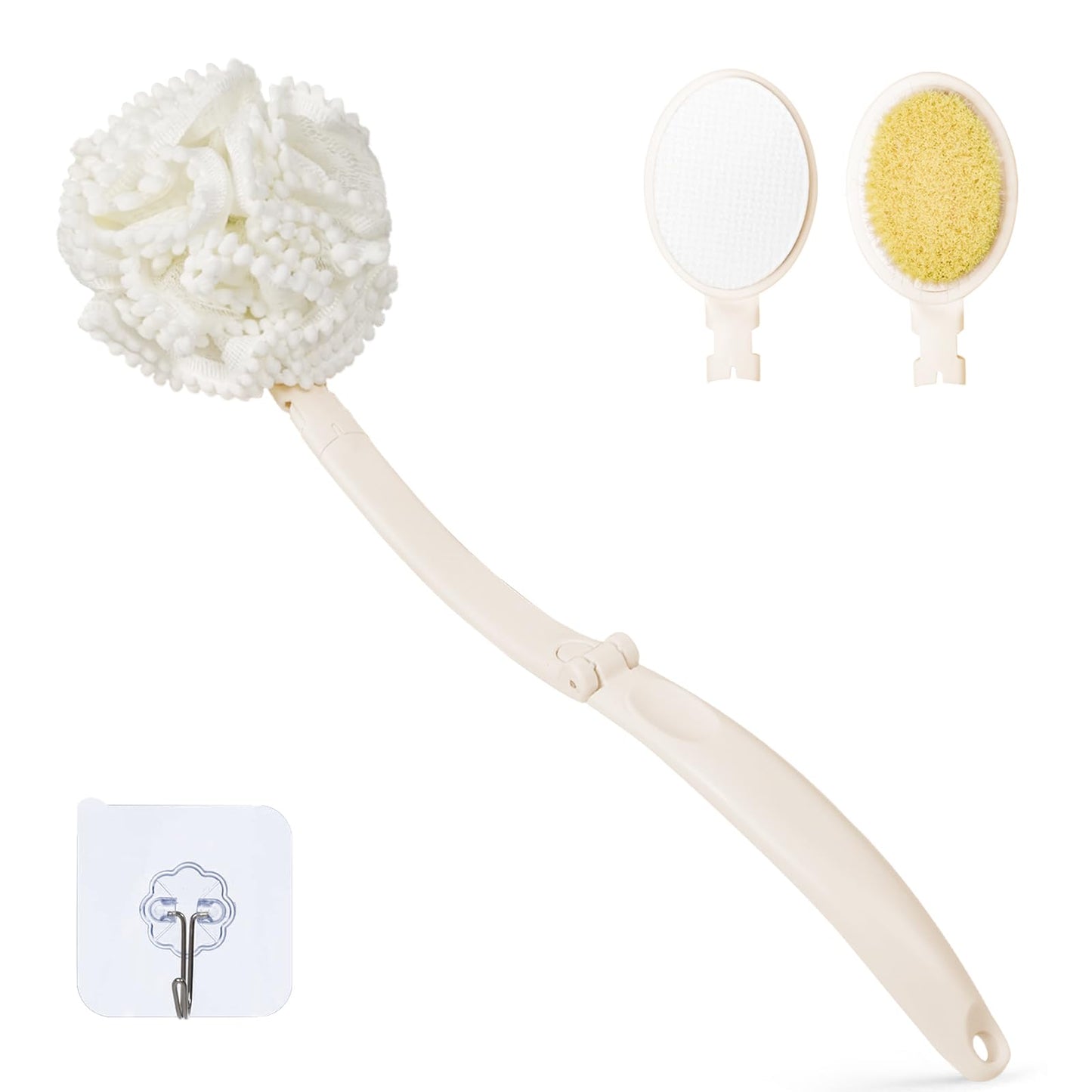 Topfinder Loofah Sponge with Handle,Back Scrubber Brush for Shower, Lotion Applicator for Back,3 in 1 Shower Kit (White loofah)