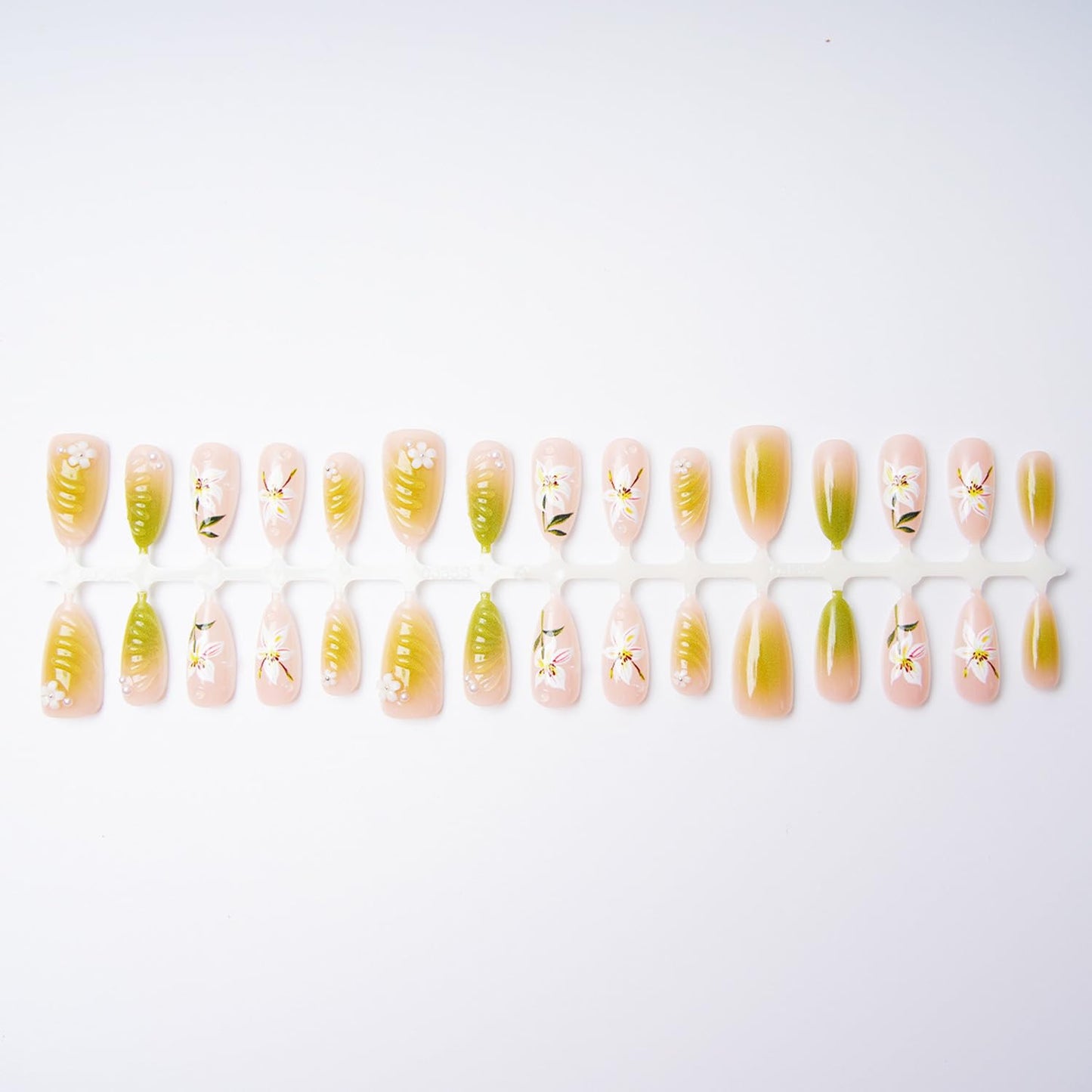 Spring Flower Press-On Nails - 30 Pcs Hand-Painted 3D Floral Design | Medium Almond Shape, Green Gradient