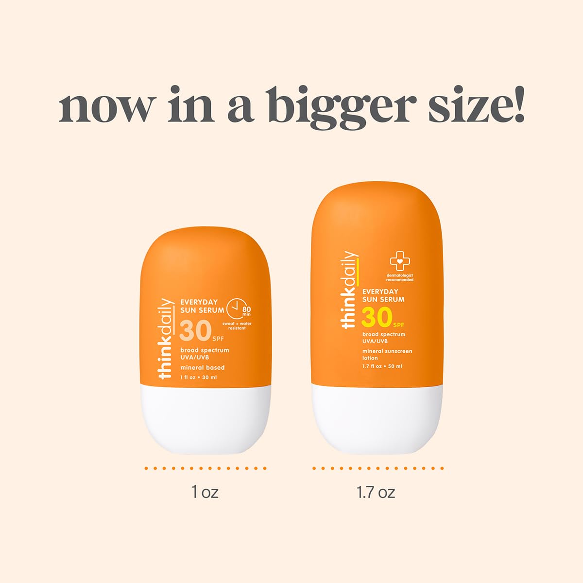 Thinkdaily SPF 30 Face Sunscreen Serum 1.7 oz, Mineral Sunscreen with Non-Nano Zinc Oxide 22%, UVA/UVB Protection, 80-Minute Water & Sweat Resistant, Lightweight Luminous Finish, Reef Friendly