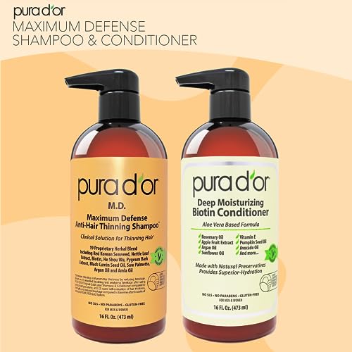 PURA D'OR MD Anti-Thinning Biotin Shampoo & Conditioner Set (16oz x2) Maximum Defense Coal-Tar Strong Scented Hebal Blend Hair Thickening Products For Women & Men, Daily Shampoo For Scalp Health