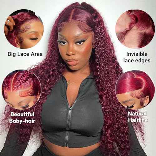 Estilar 30 Inch 99j Burgundy Lace Front Wigs Human Hair 13x6 Deep Wave HD Lace Front Wigs Pre Plucked with Baby Hair 200 Density Glueless Wet and Wavy Red Wine Colored Wigs Human Hair for Women