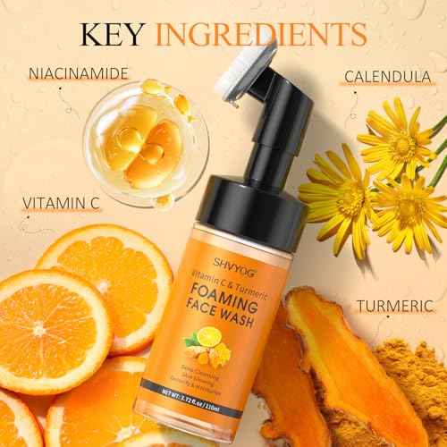SHVYOG Vitamin C Turmeric Face Wash, Turmeric Foaming Facial Cleanser for Dark Spot, Uneven Skin Tone, Skin Cleansing, Moisturizing, Exfoliating Facial Cleanser with Brush,Unisex