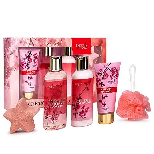 Bath and Body Gift Basket For Women ? 5 Piece Set of Cherry Blossom Bath & Body Collection Gift Box, Includes Shower Gel, Body Lotion, Body Scrub, Bath Bomb & Sponge - Appreciation Gift Ideas