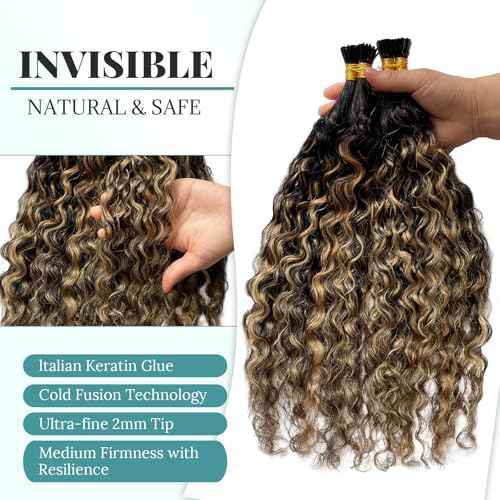 Curly I Tip Hair Extensions, Highlights I Tip Human Hair Extensions Natural Black Highlight Honey Blonde Human Hair Water Wave I Tip Extension Remy Human Hair Add Volume and length 28Inch 50g 1g/s