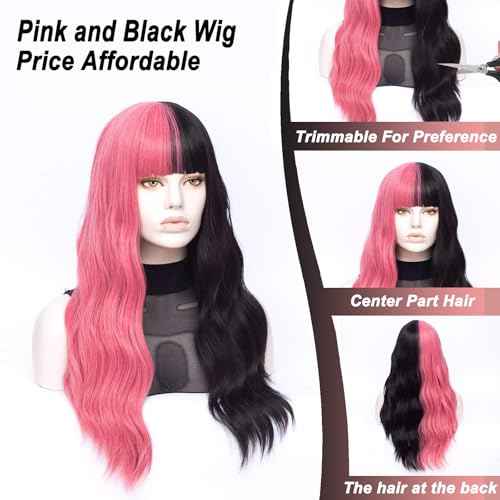 MORTICIA Long Loose Wavy Half Pink and Half Black Full Bang Wig