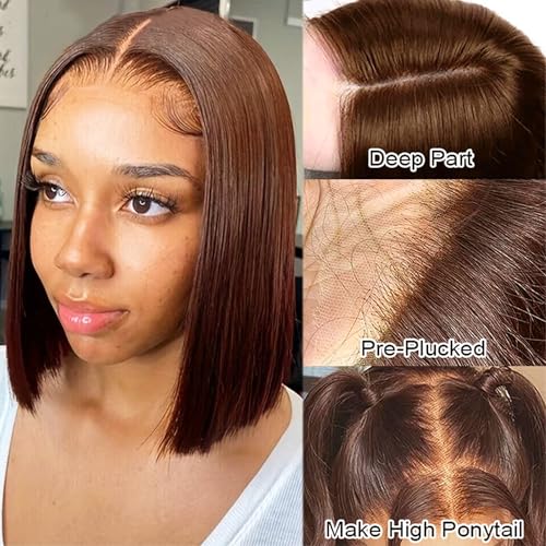 Glueless Bob Wig Human Hair Pre Plucked 14 Inch 13x4 Lace Front Bob Wig Human Hair Glueless Wigs for Black Women Straight Chocolate Brown Lace Frontal Wig 180% Density Colored Human Hair Wig Bob