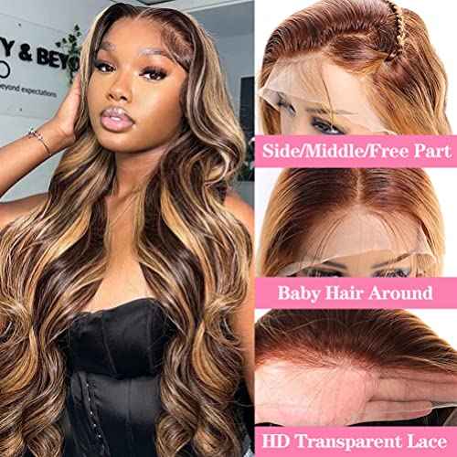 Highlight Ombre Lace Front Human Hair Wig - Pre Plucked 4/27 Brown Honey Blonde Body Wave - 13x4 HD Lace Frontal - 150% Density 24 Inch - For Black Women