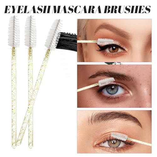 300 PCS Eyelash Extension Supplies Kit, Disposable Micro Swab Brush, Eyebrow Spoolie, Lip Brush, Mascara Wand Applicator (Crystal gold handle white kits)
