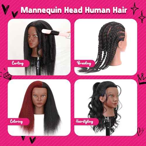 Mannequin Head with Human Hair 16" Cosmetology Manikin Doll Head 100% Real Human Hair for Styling Hairdresser Practice Braiding with Free Clamp Holder