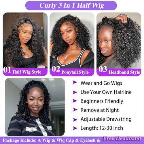 Deep Wave Half Wig Human Hair 200% Density Wear Go Glueless Wigs Human Hair 18 Inch Curly 3 In 1 Half Wigs for Women Drawstring Seamless Flip Headband Wig Beginner Friendly
