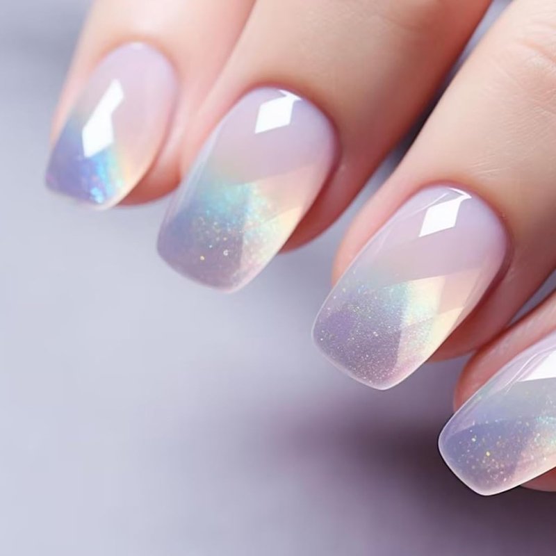 ANDGING Light Purple Press on Nails Square Short Medium Fake Nails with Bling Designs Fantasy Full Cover Fake Nails Classy Manicure Gel Acrylic False Nails for Women Wedding stick on nail