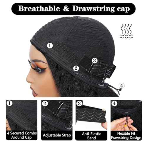 200 Density Kinky Straight Half Wig Human Hair 18 Inch,Yaki Straight 3 In 1 Seamless Flip Over Half Wigs Human Hair Glueless Wear Go Beginner Friendly Curly Half Wig Drawstring Headband Wig for Women