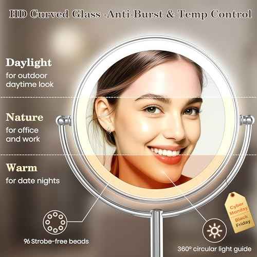 VESAUR Upgraded 11" Large 17" Tall Lighted Makeup Mirror Silver, 1X/10X Dual-Sided Magnifying with 15X Suction Mirror, 3 Color Adjustable Lights, 360¡Æ Swivel Dual Power Vanity Mirror, Gift Box