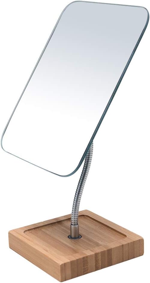 YEAKE 8" Large Flexible Gooseneck Bamboo Vanity Makeup Mirror - 360° Rotation, Portable Folding Design