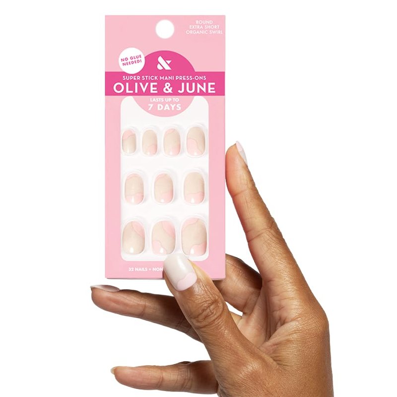 Olive & June Press-On Nails - Classic Super Stick | No Glue Needed | 32 Tabs in 16 Sizes | Non-Toxic, 7-Day Wear | Spring Flowers & Organic Swirl
