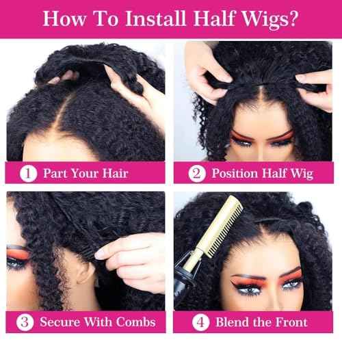 250% Density Half Wig Human Hair Glueless 3 in 1 With Drawstring Seamless Clip in Flip Over Kinky Curly 100% Real Human Hair No Synthetic Blend No Tangle No Shedding 18 Inch Triple Lifespan 3X