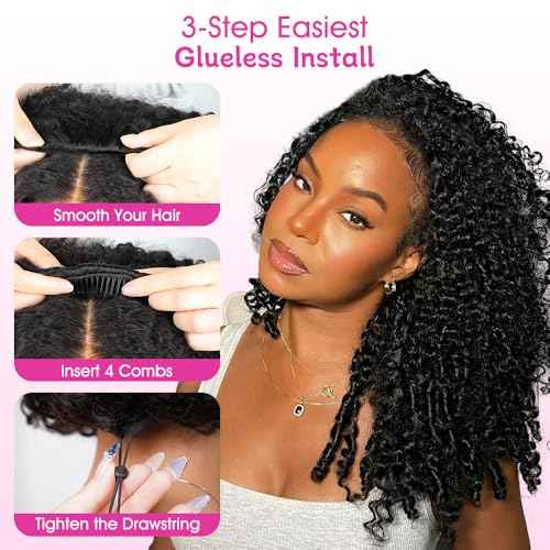 BGM GIRL 3 in 1 Burmese Curly Half Wig Human Hair Glueless Flip Over Half Wig with Drawstring Spiral Curly Ends for Women Easy Install Natural Black 180% Density 16 Inch