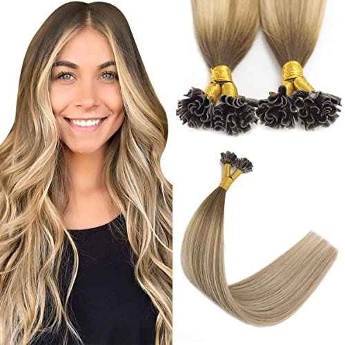 Sindra Keratin Nail Extension Tips Real Human Hair Balayage Darker Brown to Highlighted Blonde 18inch 50 Strand 50G Prebonded Fusion U Tip Hair Extensions Human Hair£¨Utip#3/8/22-18inch£©