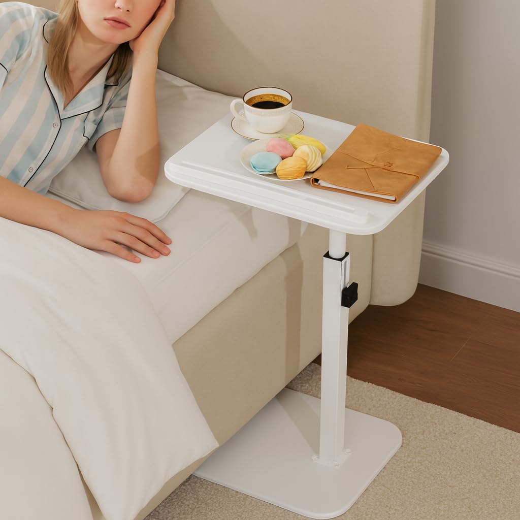 promitop Adjustable End Table for Couch, 360° Swivel C Shaped Side Table with Height Adjustment, Small Sofa & Bedside Table for Living Room & Bedroom, TV Tray Alternative, Space Saving, Gift for Home