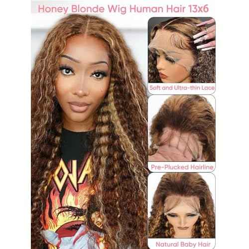 NOELLA 13x6 HD Lace Front Wigs Human Hair 24 Inch Honey Blonde Highlight Ombre Water Wave Curly Human Hair Wigs 210% Density Wet and Wavy Lace Frontal Glueless Wig For Black Women