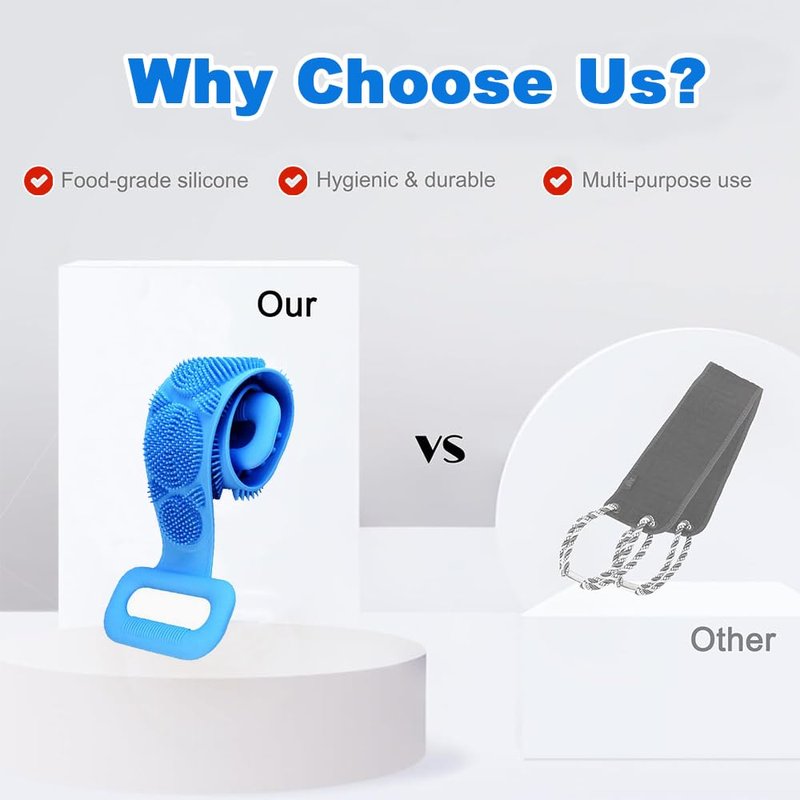 Silicone Back Scrubber for Shower, Dual-Sided Back Exfoliator Washer Scrub Strap -, Exfoliate and Massage, Hygienic, Durable and Easy to Clean, Blue and Purple 2 Pack