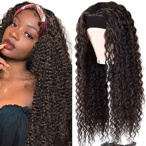 Headband Wig Human Hair Deep Wave Half Wigs Glueless None Lace Front Wigs with Headband Attached Brazilian Human Hair Headband Wigs Glueless Curly Hair for Black Women(22 Inch, Chocolate Brown)