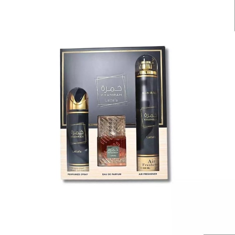 Lattafa Khamrah Unisex Gift Set - EDP, Deo & Air Freshener | 3.4 Fl Oz, 6.67 Fl Oz, 10.14 Fl Oz